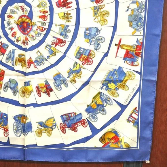 Authentic HERMES Carre 90 Scarf "CARROSSERIE" Silk Blue - Picture 7 of 14